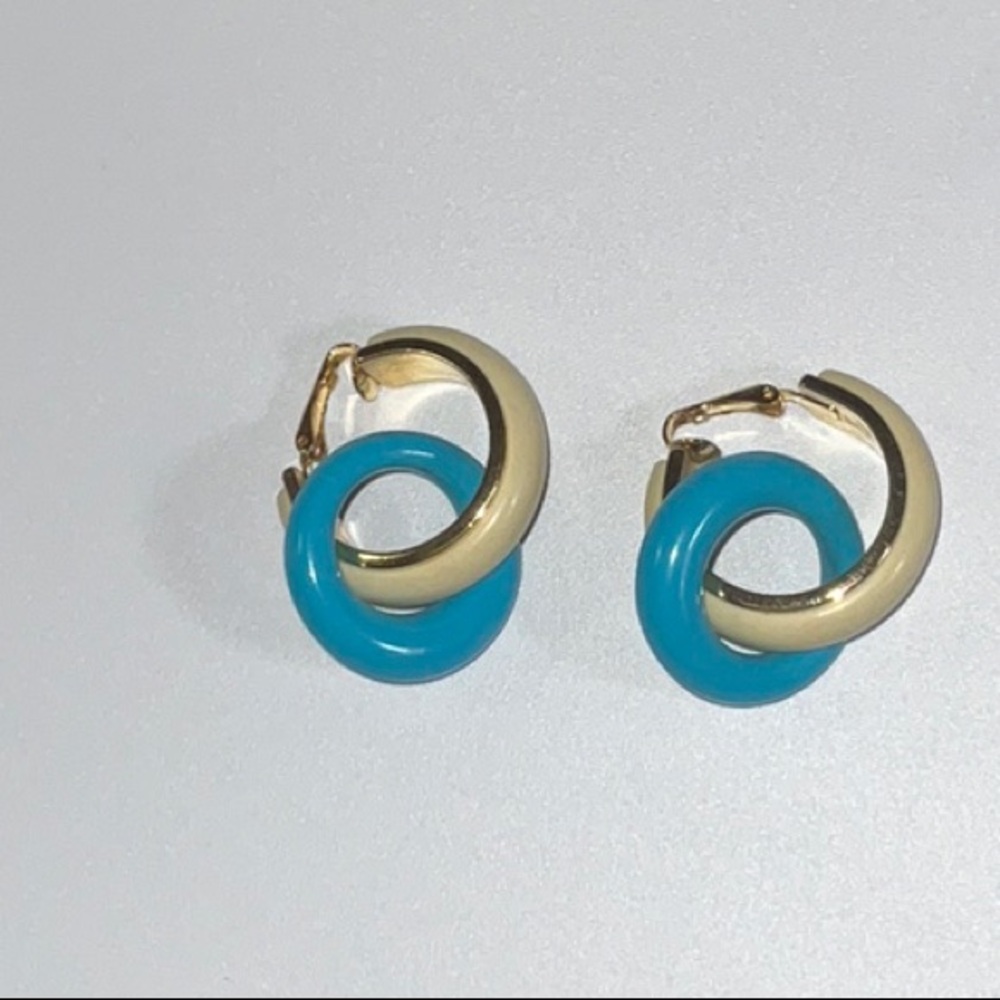Avon Hoop Clip On Earrings Gold-Tone Metal Ivory and Blue Hoops Vintage